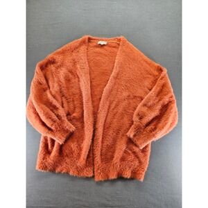 Moon River Burnt Orange Fuzzy Eyelash Knit Balloon Sleeve Cardigan Sweater Large